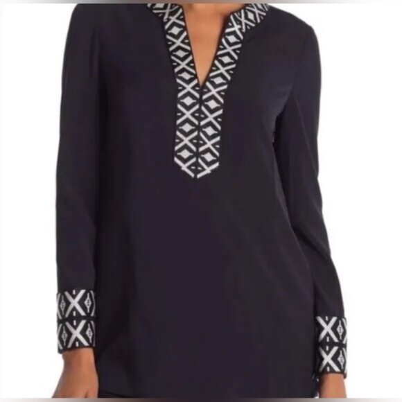 TORY BURCH ARIANA‎ V Neck Tunic with Taping Blouse Embroidered Knit Trim Size 4 - Picture 2 of 16